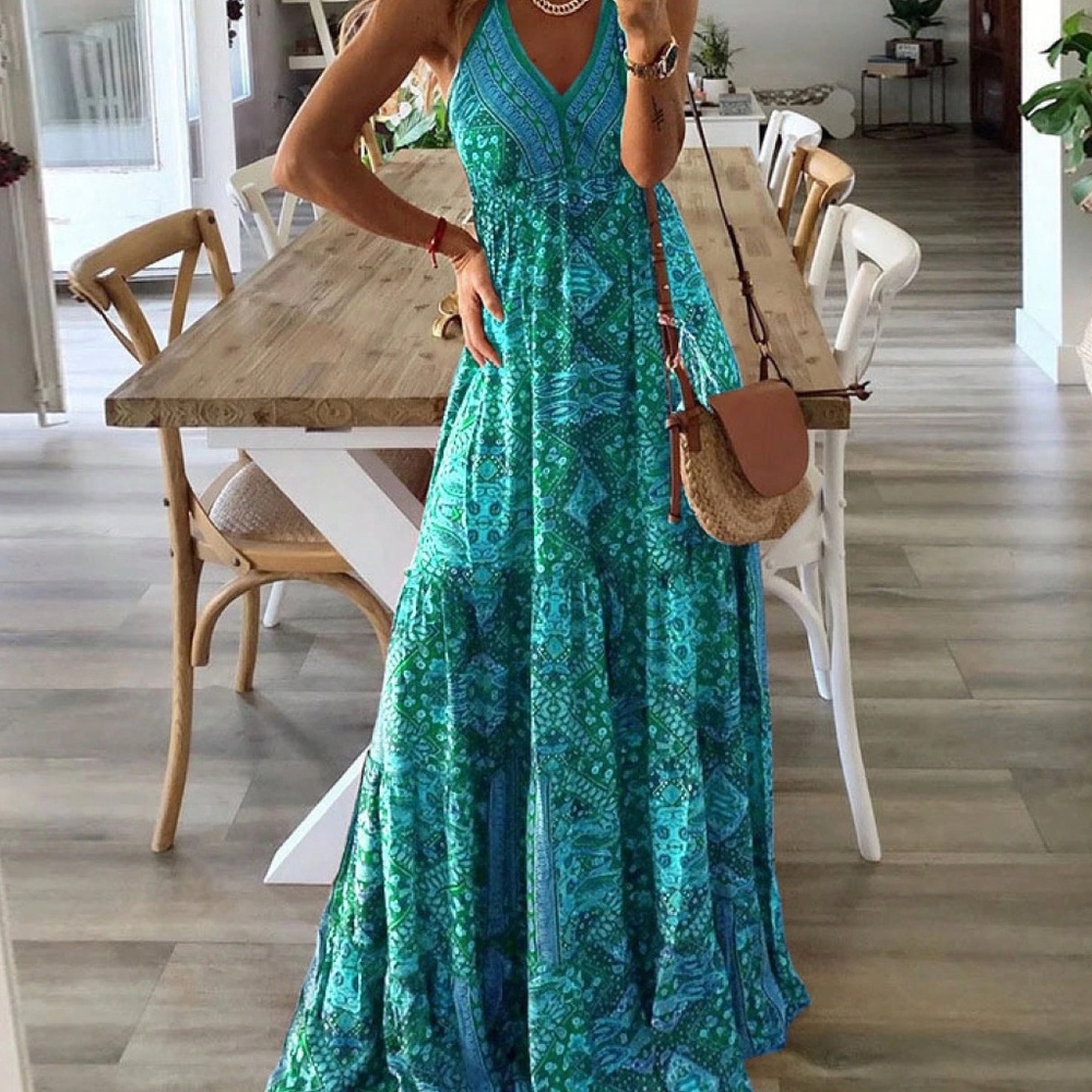 Women’s Green Patterned Maxi Dress - V-Neck Halter Style